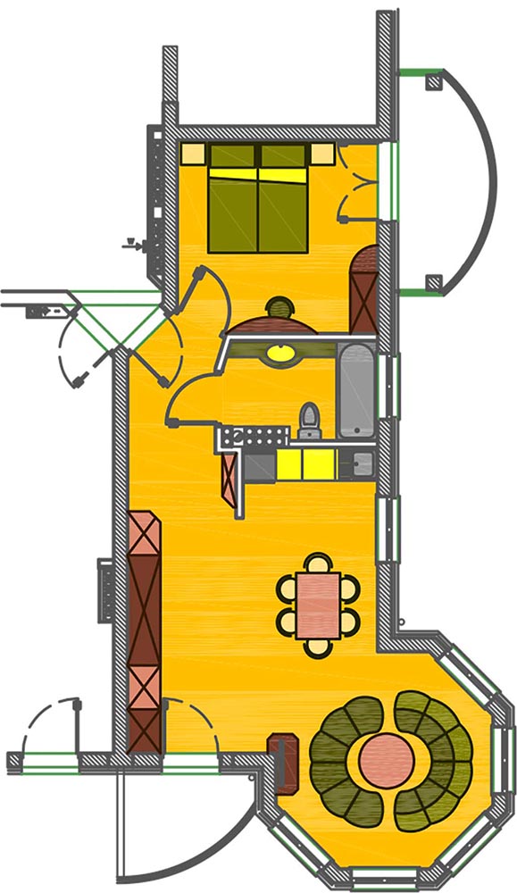 Kolorowy plan mieszkania z kuchnią, jadalnią, salonem, sypialnią i drzwiami na balkon
